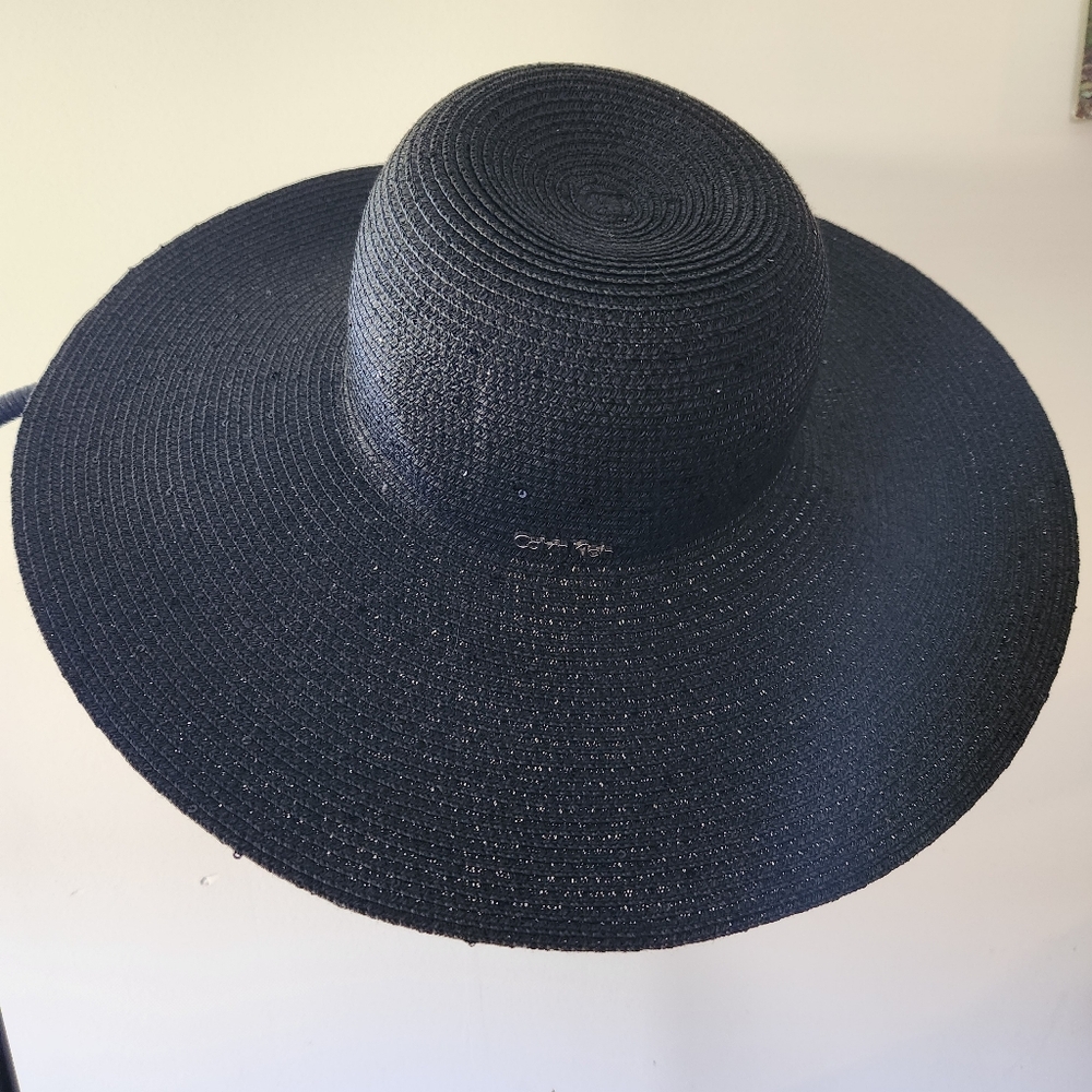 Calvin Klein Black Wide Brim Sun Hat Sequin Paper Floppy Hat Derby